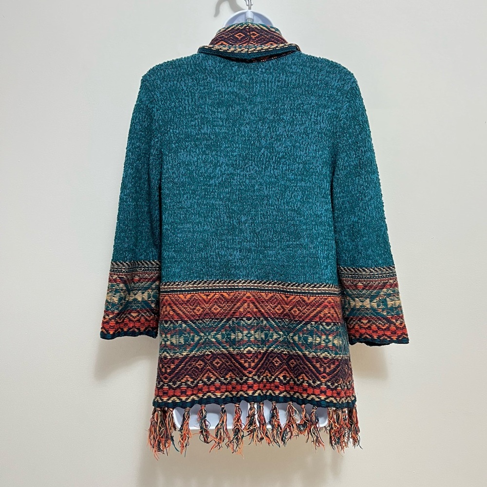 Ruby Rd. Teal Open-Front Cardigan with Multicolor Aztec Trim - Picture 3 of 8